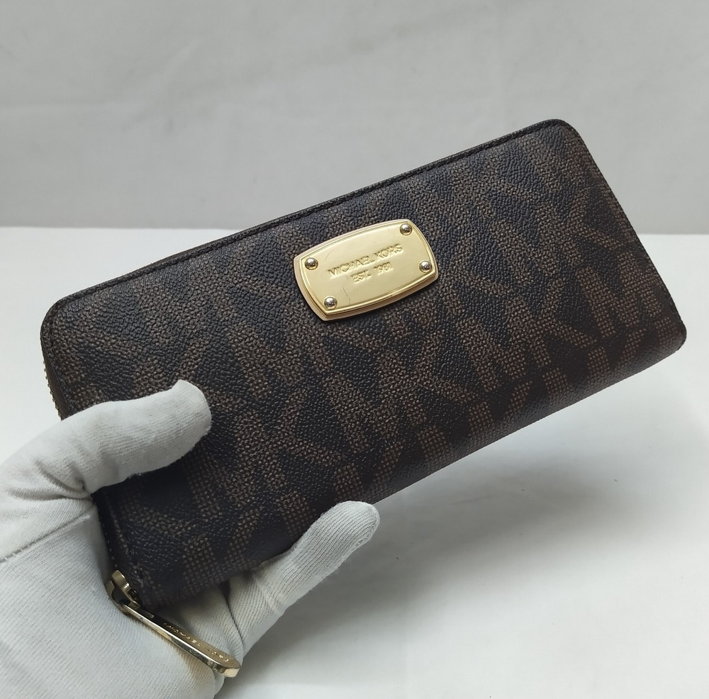 Michael Kors Brown Leather MK Printed Zip Around Credit Card Wallet